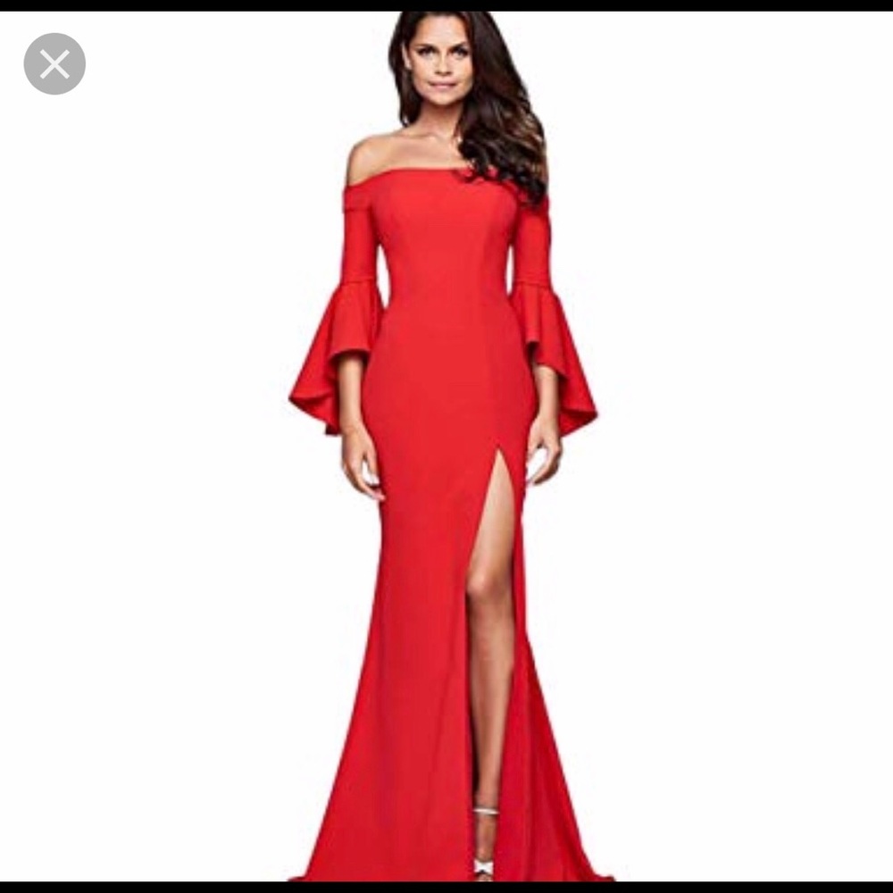 Red off the shoulder bell sleeves evening gown.